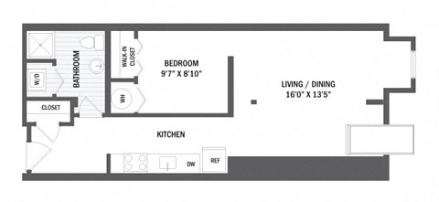 Floor plan for studio, 1 bath, 647 sqft
